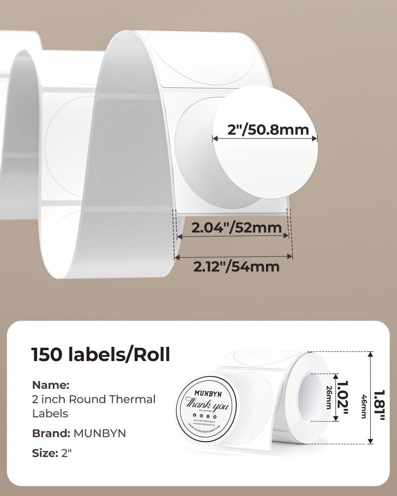 MUNBYN 2 Inch Circle Thermal Sticker Labels, Self-Adhesive Round Direct Thermal Labels for Small Business, 150 Sheets/1 Roll - Image 2